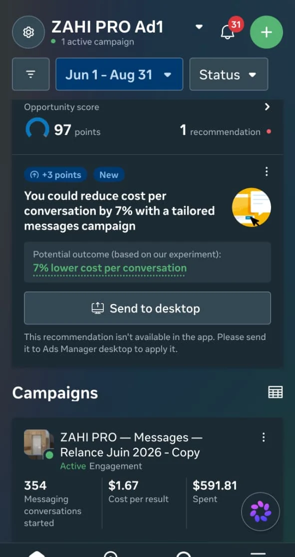 Compte publicitaire Meta de ZAHI PRO Services